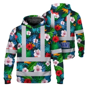 Hi Vis Hoodie Reflective Tapes Red Neon Pink Flowers Custom Name Safety Workwear For Workers, Truckers, Operators