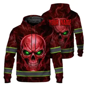 Hi Vis Hoodie Reflective Tapes Red Neon Skull Custom Name Safety Workwear For Workers, Runners, Cyclists