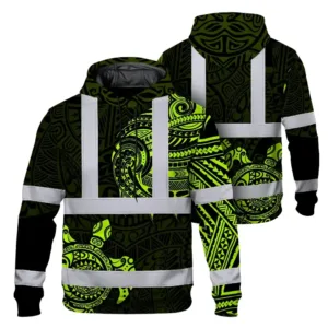 Hi Vis Hoodie Reflective Tapes Sea Turtle Hawaiian Polynesian Tribal Custom Name Safety Workwear For Workers, Truckers, Operators
