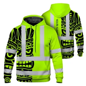 Hi Vis Hoodie Reflective Tapes TiKi Hawaiian Polynesian Tribal Custom Name Safety Workwear For Workers, Truckers, Operators