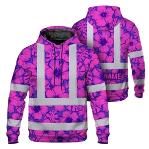 Hi Vis Hoodie Reflective Tapes Violet Neon And Pink Flowers Custom Name Safety Workwear For Workers, Truckers, Operators