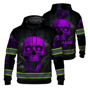 Hi Vis Hoodie Reflective Tapes Violet Neon Skull Custom Name Safety Workwear For Workers, Runners, Cyclists