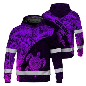 Hi Vis Hoodie Reflective Tapes Violet Neon Turtle Hawaiian Polynesian Tribal Custom Name Safety Workwear For Workers, Truckers, Operators