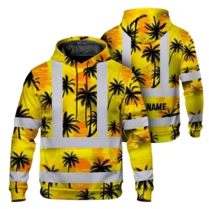 Hi Vis Hoodie Reflective Tapes Yellow Neon Flowers Custom Name Safety Workwear For Workers, Truckers, Operators