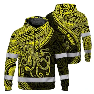 Hi Vis Hoodie Reflective Tapes Yellow Neon Hawaii Octopus Custom Name Safety Workwear For Workers, Truckers, Operators