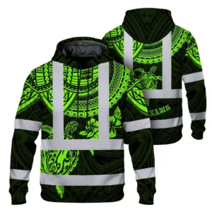 Hi Vis Hoodie Shirt Reflective Tapes Green Turtle Flower Hawaiian Polynesian Tribal Custom Name Safety Workwear For Workers, Truckers, Operators