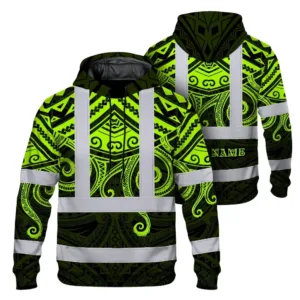 Hi Vis Hoodie Shirt Reflective Tapes  Octopus Hawaiian Polynesian Tribal Custom Name Safety Workwear For Workers, Truckers, Operators