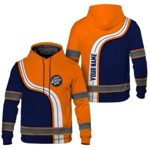 Hi Vis Hoodie Uniform Reflective Dark Blue And Orange Neon Custom Name And Logo Safety Workwear For Company, Group, Team
