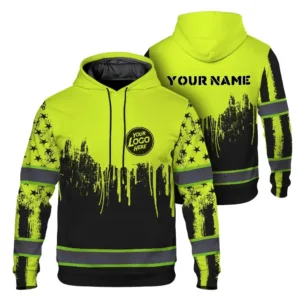 Hi Vis Hoodie Uniform Reflective Lime Neon 2 Custom Name And Logo Safety Workwear For Company, Group, Team