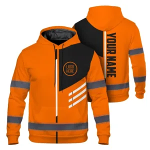 Hi Vis Hoodie Uniform Reflective Orange Neon 2 Custom Name And Logo Safety Workwear For Company, Group, Team