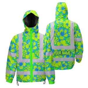 Hi Vis Jacket Waterproof Reflective Tapes Blue Neon And Green Flowers Custom Name Safety Workwear For Workers, Truckers, Operators
