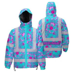 Hi Vis Jacket Waterproof Reflective Tapes Blue Neon And Pink Flowers Custom Name Safety Workwear For Workers, Truckers, Operators