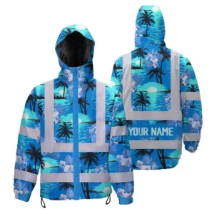 Hi Vis Jacket Waterproof Reflective Tapes Blue Neon Flowers 4 Custom Name Safety Workwear For Workers, Truckers, Operators