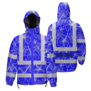 Hi Vis Jacket Waterproof Reflective Tapes Blue Neon Flowers Custom Name Safety Workwear For Workers, Truckers, Operators