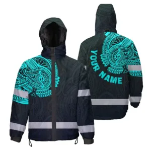 Hi Vis Jacket Waterproof Reflective Tapes Blue Neon Hawaii 2 Custom Name Safety Workwear For Workers, Truckers, Operators