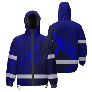 Hi Vis Jacket Waterproof Reflective Tapes Blue Neon Hawaii Whale Custom Name Safety Workwear For Workers, Truckers, Operators