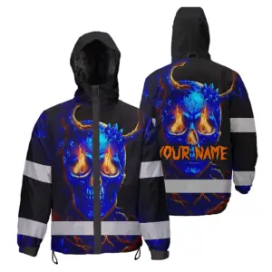 Hi Vis Jacket Waterproof Reflective Tapes Blue Orange Neon Skull Custom Name Safety Workwear For Workers, Runners, Cyclists