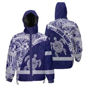 Hi Vis Jacket Waterproof Reflective Tapes Blue White Turtle Hawaiian Polynesian Tribal Custom Name Safety Workwear For Workers, Truckers, Operators