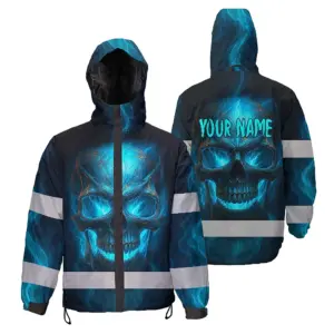 Hi Vis Jacket Waterproof Reflective Tapes Gradient Blue Neon Skull Custom Name Safety Workwear For Workers, Runners, Cyclists