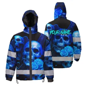 Hi Vis Jacket Waterproof Reflective Tapes Gradient Blue Neon Skull Custom Name Safety Workwear For Workers, Runners, Cyclists
