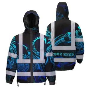 Hi Vis Jacket Waterproof Reflective Tapes Gradient Turtle Hawaiian Polynesian Tribal Custom Name Safety Workwear For Workers, Truckers, Operators