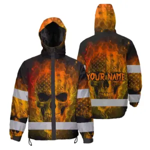 Hi Vis Jacket Waterproof Reflective Tapes Gradient Yellow Orange Neon Skull Custom Name Safety Workwear For Workers, Runners, Cyclists