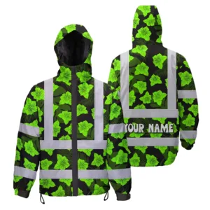 Hi Vis Jacket Waterproof Reflective Tapes Green Neon Flowers 3 Custom Name Safety Workwear For Workers, Truckers, Operators