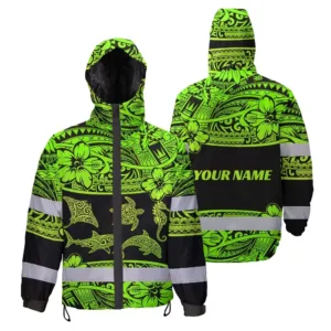 Hi Vis Jacket Waterproof Reflective Tapes Green Neon Hawaiian Polynesian Tribal Custom Name Safety Workwear For Workers, Truckers, Operators