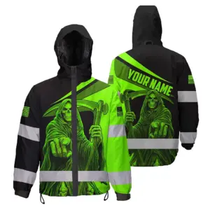 Hi Vis Jacket Waterproof Reflective Tapes Green Neon Skull US Flag Custom Name Safety Workwear For Workers, Runners, Cyclists