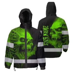Hi Vis Jacket Waterproof Reflective Tapes Green Smoke Neon Skull Custom Name Safety Workwear For Workers, Runners, Cyclists
