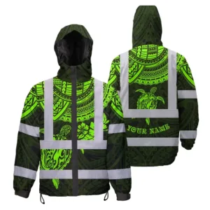 Hi Vis Jacket Waterproof Reflective Tapes Green Turtle Flower Hawaiian Polynesian Tribal Custom Name Safety Workwear For Workers, Truckers, Operators