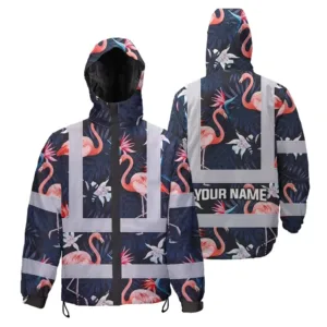 Hi Vis Jacket Waterproof Reflective Tapes Hawaii Flamingo 2 Custom Name Safety Workwear For Workers, Truckers, Operators
