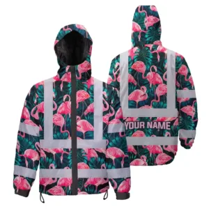 Hi Vis Jacket Waterproof Reflective Tapes Hawaii Flamingo Custom Name Safety Workwear For Workers, Truckers, Operators