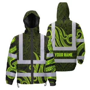 Hi Vis Jacket Waterproof Reflective Tapes Hawaiian Polynesian Tribal Custom Name Safety Workwear For Workers, Truckers, Operators