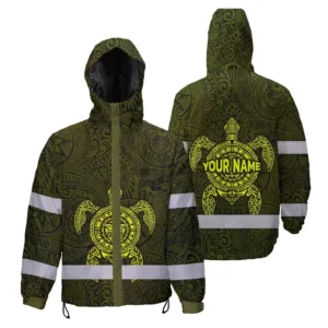 Hi Vis Jacket Waterproof Reflective Tapes Lime Neon Hawaii Turtle Custom Name Safety Workwear For Workers, Truckers, Operators