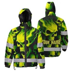 Hi Vis Jacket Waterproof Reflective Tapes Lime Neon Skull Custom Name Safety Workwear For Workers, Runners, Cyclists