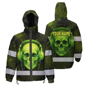 Hi Vis Jacket Waterproof Reflective Tapes Lime Neon Skull Custom Name Safety Workwear For Workers, Runners, Cyclists