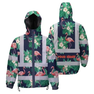 Hi Vis Jacket Waterproof Reflective Tapes Neon Pink Flowers 2 Custom Name Safety Workwear For Workers, Truckers, Operators