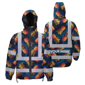 Hi Vis Jacket Waterproof Reflective Tapes Orange Neon And Dark Blue Custom Name Safety Workwear For Workers, Truckers, Operators