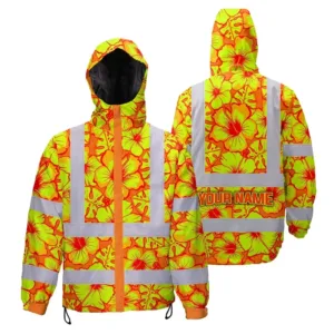 Hi Vis Jacket Waterproof Reflective Tapes Orange Neon And Yellow Flowers Custom Name Safety Workwear For Workers, Truckers, Operators