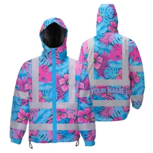 Hi Vis Jacket Waterproof Reflective Tapes Pink Neon And Blue Flowers Custom Name Safety Workwear For Workers, Truckers, Operators