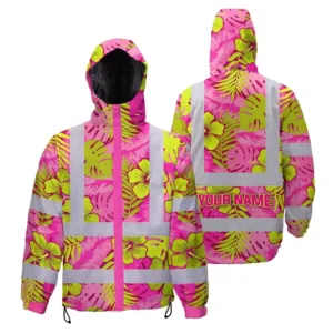 Hi Vis Jacket Waterproof Reflective Tapes Pink Neon And Lime Flowers Custom Name Safety Workwear For Workers, Truckers, Operators