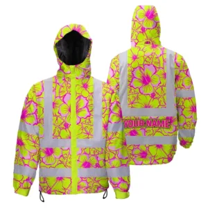Hi Vis Jacket Waterproof Reflective Tapes Pink Neon And Lime Flowers Custom Name Safety Workwear For Workers, Truckers, Operators
