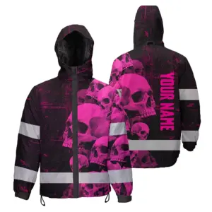 Hi Vis Jacket Waterproof Reflective Tapes Pink Neon Skull Custom Name Safety Workwear For Workers, Runners, Cyclists