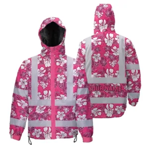 Hi Vis Jacket Waterproof Reflective Tapes Pink Violet Flowers Custom Name Safety Workwear For Workers, Truckers, Operators