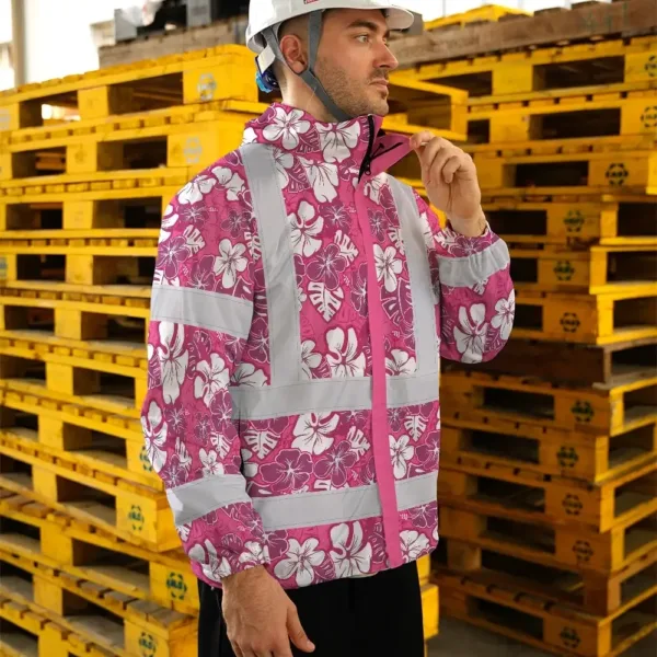 hi-vis-jacket-waterproof-reflective-tapes-pink-violet-flowers-custom-e6be7.webp
