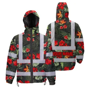 Hi Vis Jacket Waterproof Reflective Tapes Red Neon Flowers Custom Name Safety Workwear For Workers, Truckers, Operators