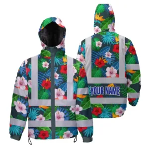 Hi Vis Jacket Waterproof Reflective Tapes Red Neon Pink Flowers Custom Name Safety Workwear For Workers, Truckers, Operators