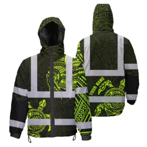 Hi Vis Jacket Waterproof Reflective Tapes Sea Turtle Hawaiian Polynesian Tribal Custom Name Safety Workwear For Workers, Truckers, Operators