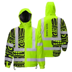 Hi Vis Jacket Waterproof Reflective Tapes TiKi Hawaiian Polynesian Tribal Custom Name Safety Workwear For Workers, Truckers, Operators